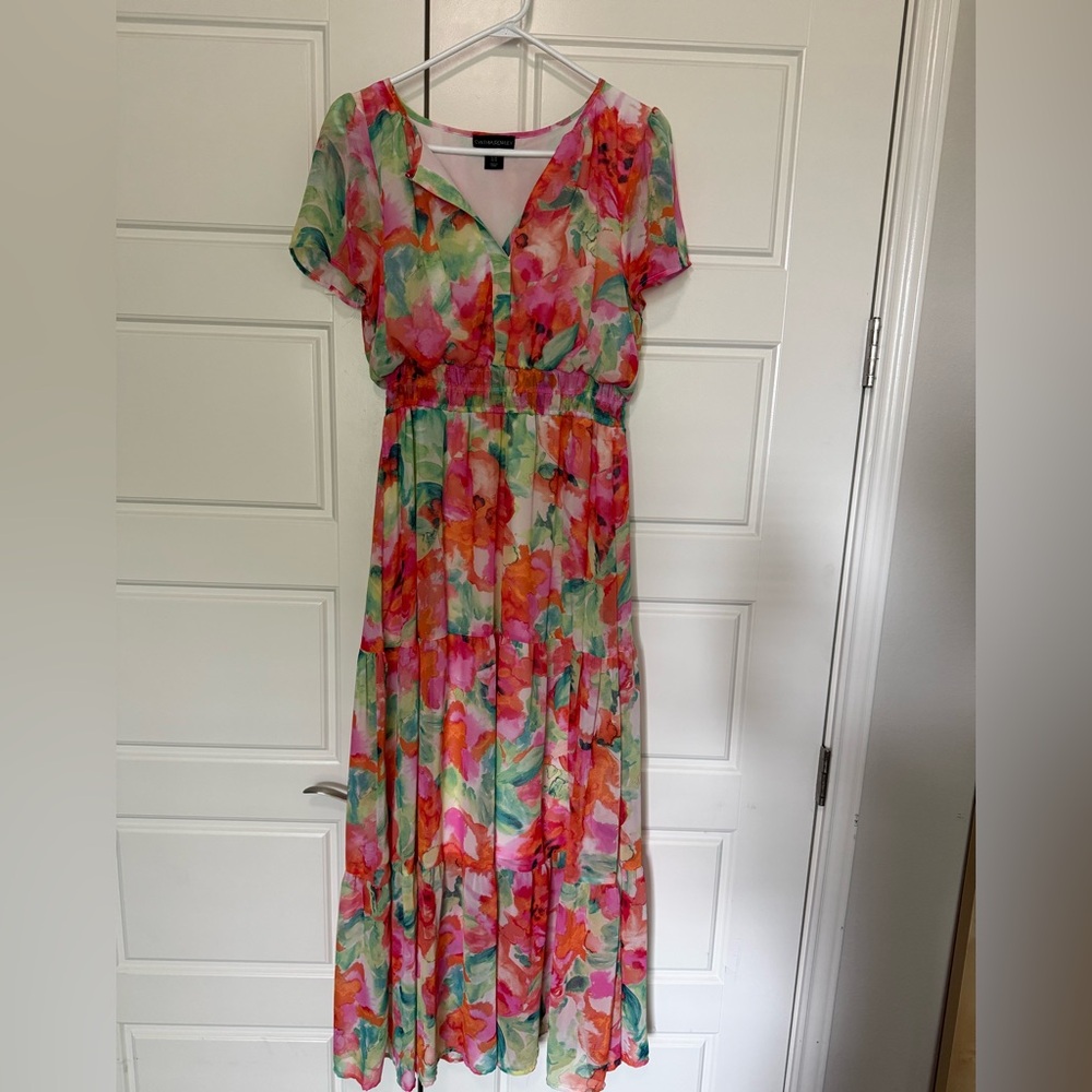 Cynthia Rowley Pink, Green & Orange Watercolor Maxi Dress